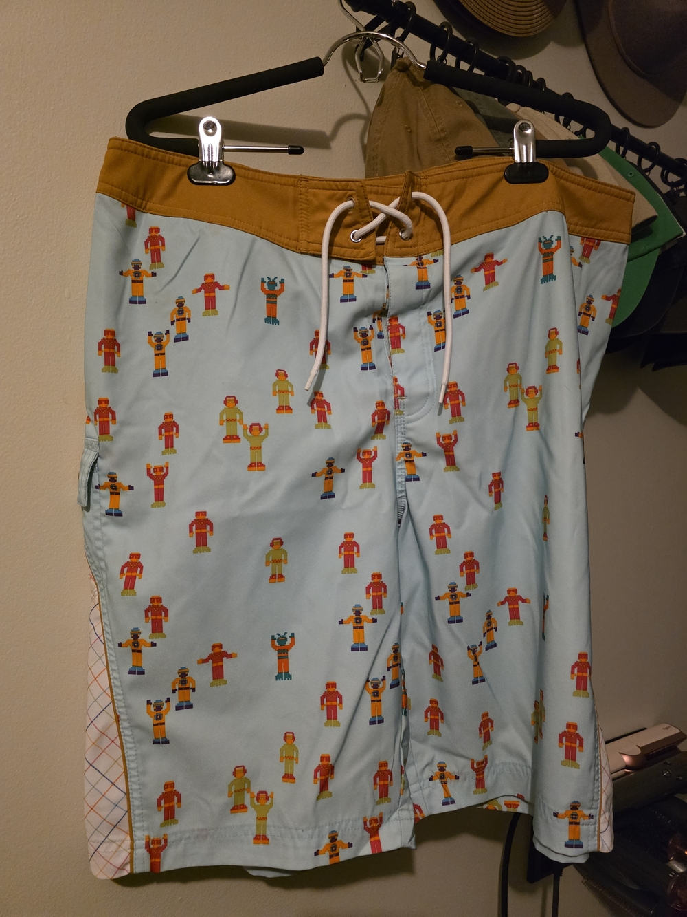 Penguin Men's Light Blue Robot-Print Swim Shorts with Ochre Waistband